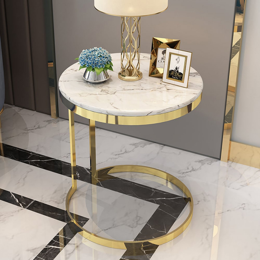 HMR - Round Marble Side Table with Gold Stainless Steel Frame in White