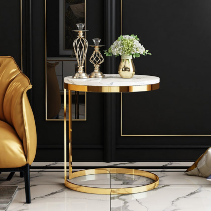 HMR - Round Marble Side Table with Gold Stainless Steel Frame in White