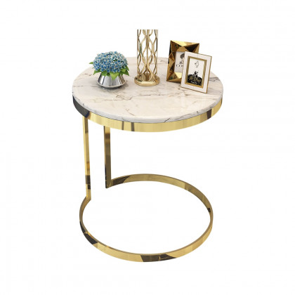 HMR - Round Marble Side Table with Gold Stainless Steel Frame in White