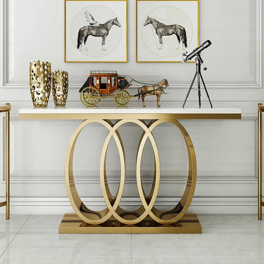 HMR - 47.2" Narrow Console Table with Faux Marble Top in White