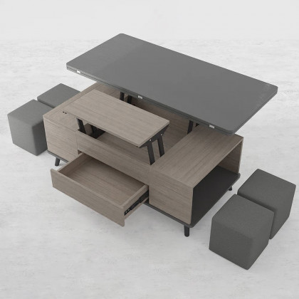 HMR - 5 Pieces Lift Top Coffee Table Set with Storage and Ottomans in Black