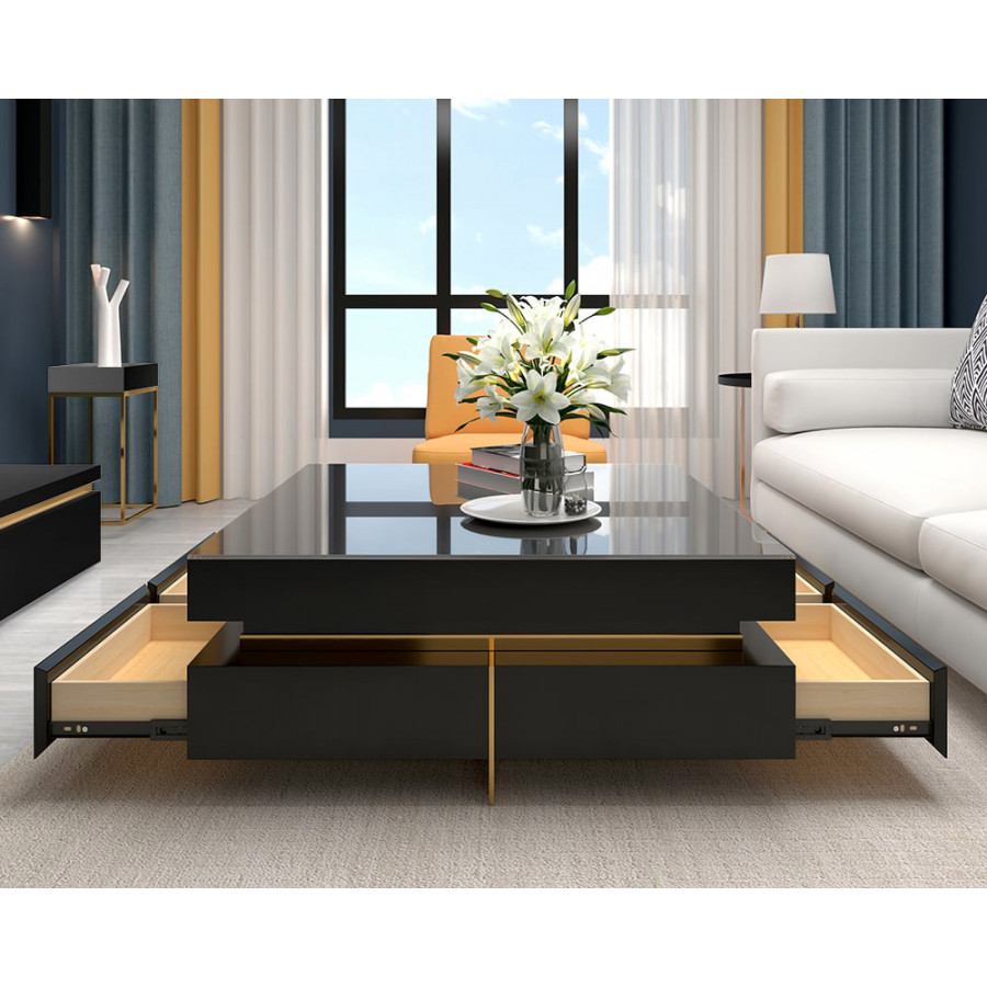 HMR Modern Square Coffee Table with Drawers - Black, Tempered Glass