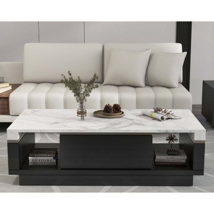 HMR - Marble Coffee Table with Storage and Drawers in Black and White
