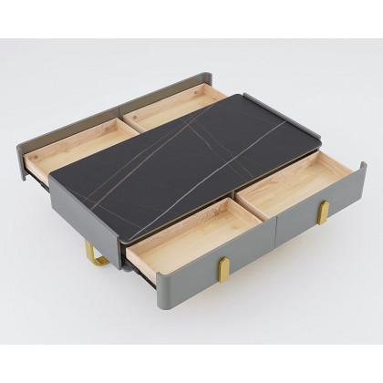 HMR - Storage Coffee Table with Sintered Stone Top and Stainless Steel in Black and Gold