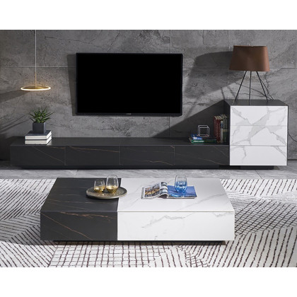 HMR - Coffee Table with Storage Rectangle Sintered Stone Top and Wood Drawers in Black and White