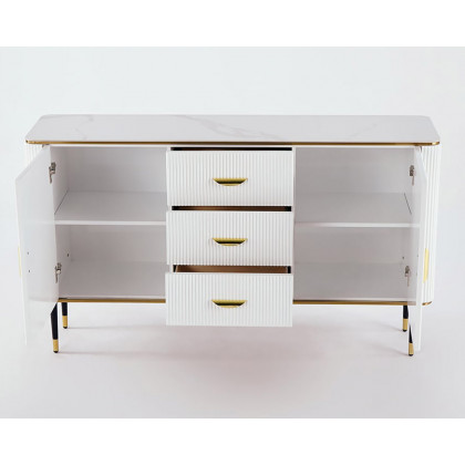 HMR - Modern Faux Marble Top Sideboard with 3 Drawers and 2 Doors in Large in 59.1"W