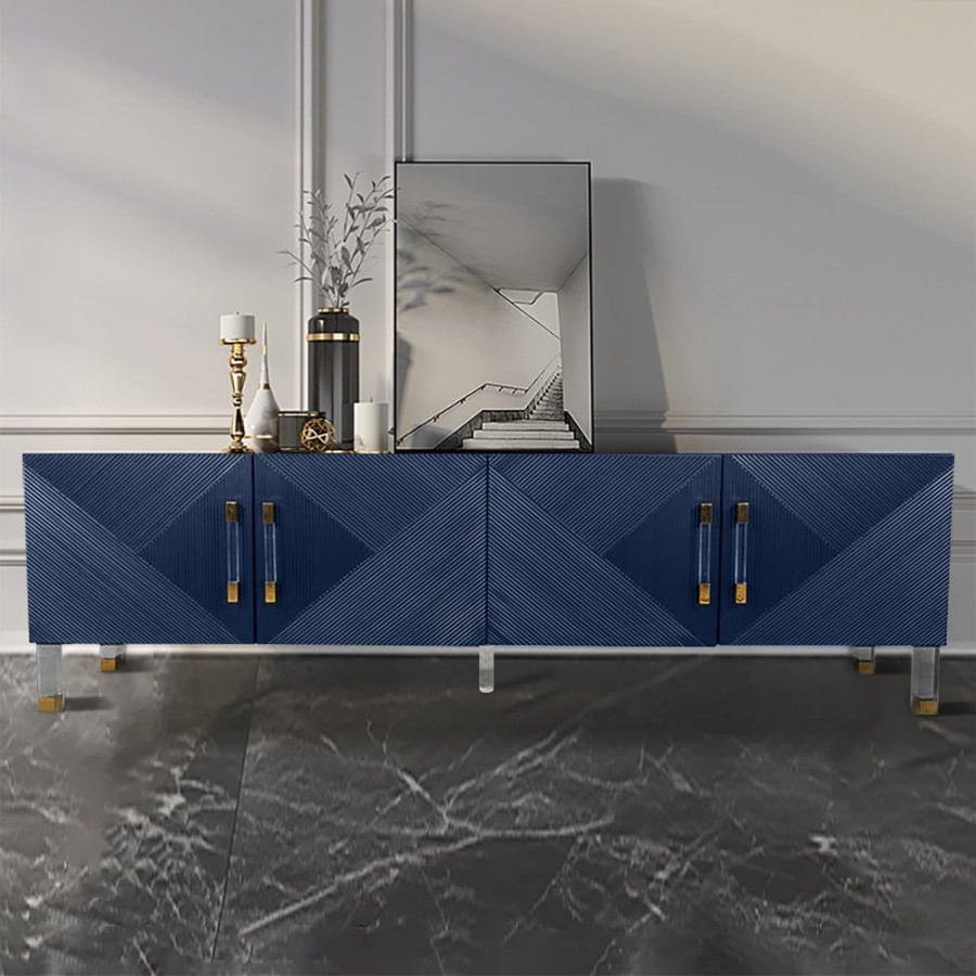 HMR Modern TV Stand with 4 Doors - Blue, Wood/Acrylic