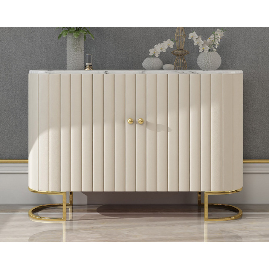 HMR - Epaule PU Leather Cabinet with Doors and Drawers in Off-White