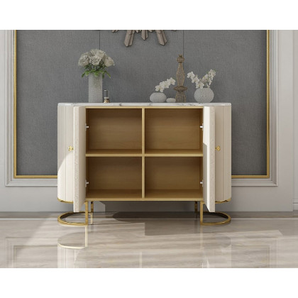HMR - Epaule PU Leather Cabinet with Doors and Drawers in Off-White