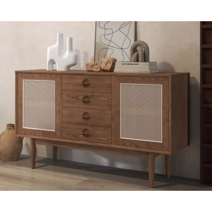 HMR - Cottage Rattan Sideboard Buffet with 2 Doors 4 Drawers 55" in Walnut