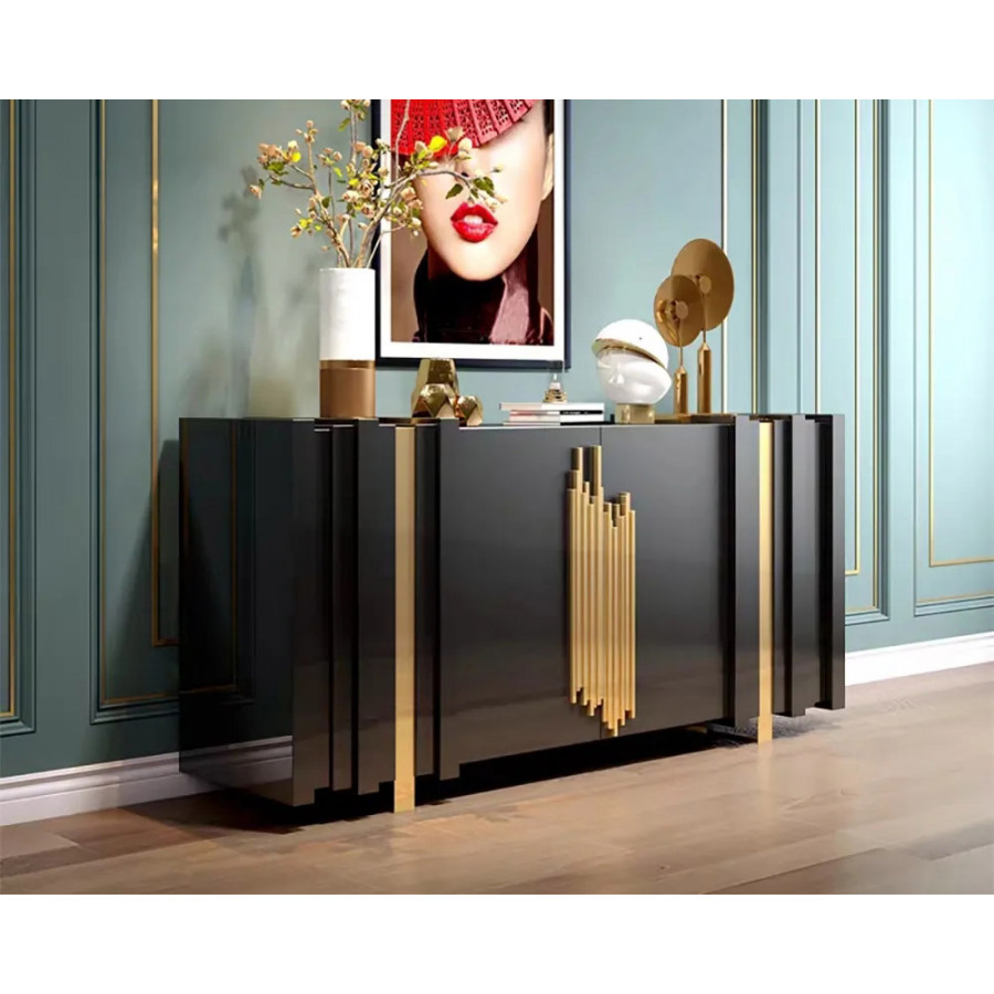 HMR Aurea Series 63" Rectangular Sideboard Buffet with 2 Doors & 2 Shelves - Black/Gold