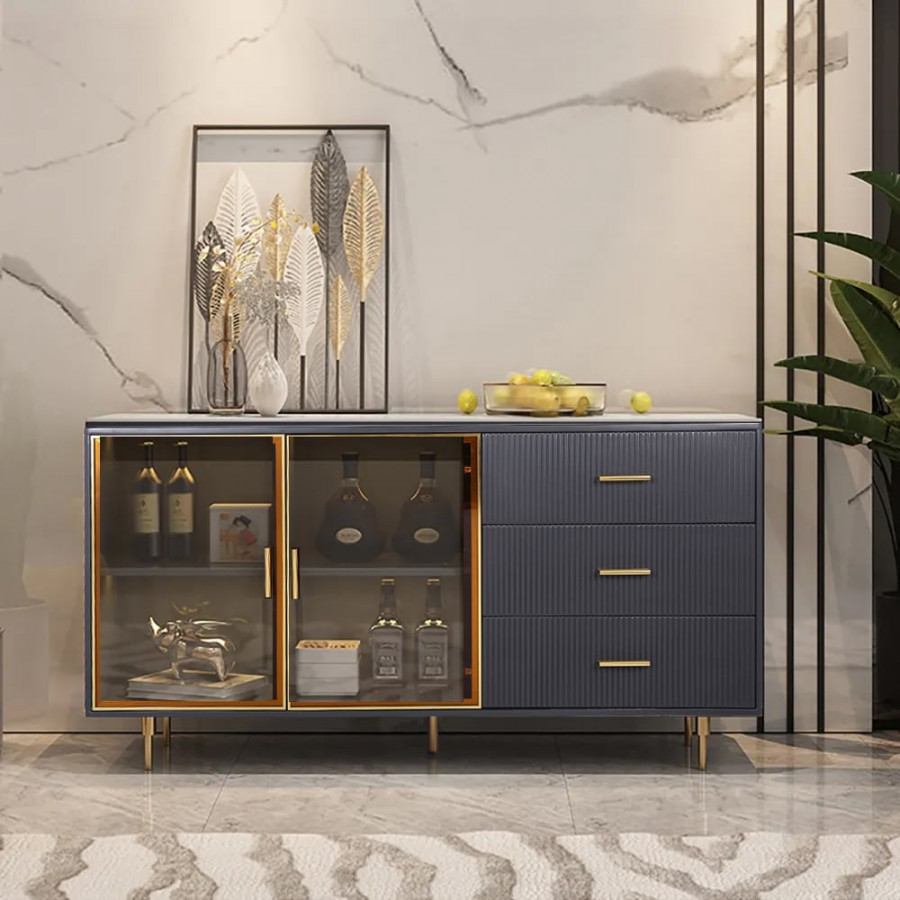 HMR Cofab Sideboard Sintered Stone Top Luxury Buffet Tempered Glass Doors - Blue, 59"