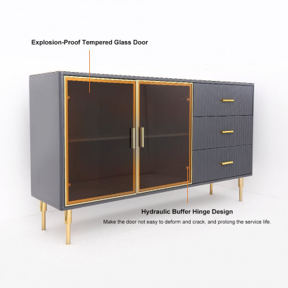 HMR Cofab Sideboard Sintered Stone Top Luxury Buffet Tempered Glass Doors - Blue, 59"