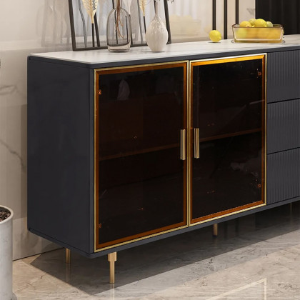 HMR Cofab Sideboard Sintered Stone Top Luxury Buffet Tempered Glass Doors - Blue, 59"