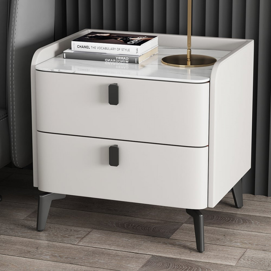 HMR Nightstand with 2-Drawer - White, Faux Leather