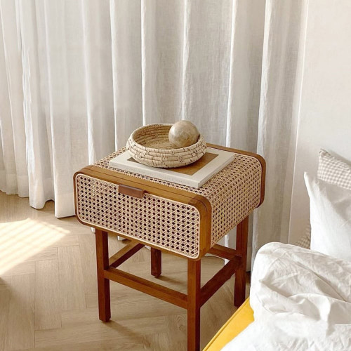 HMR - Wooden Rattan Single Drawer Nightstand in Walnut