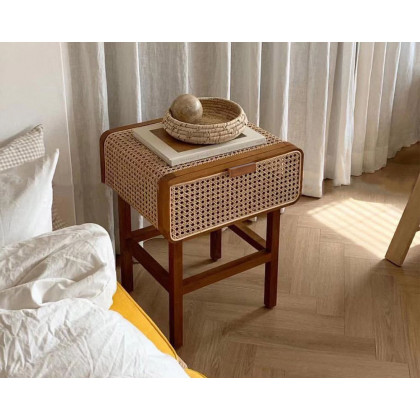 HMR - Wooden Rattan Single Drawer Nightstand in Walnut