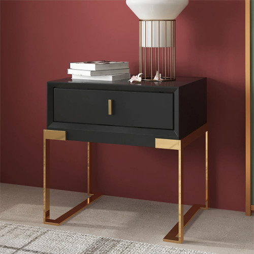HMR - Single Drawer Nightstand with Stainless Steel Base in Black