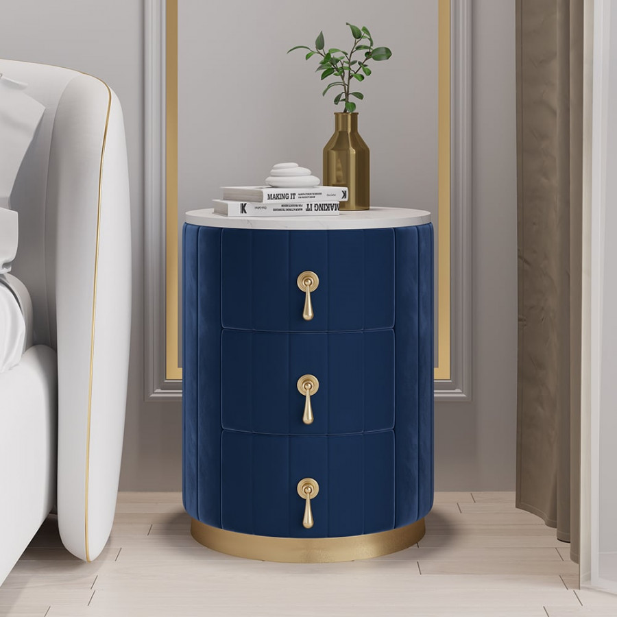 HMR 3-Drawer Round Nightstand - Blue, Velvet