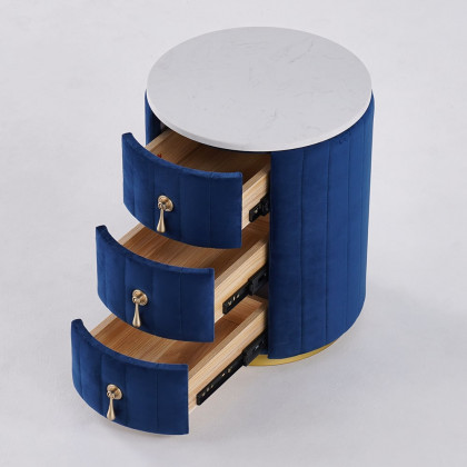 HMR 3-Drawer Round Nightstand - Blue, Velvet