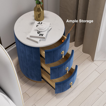 HMR 3-Drawer Round Nightstand - Blue, Velvet