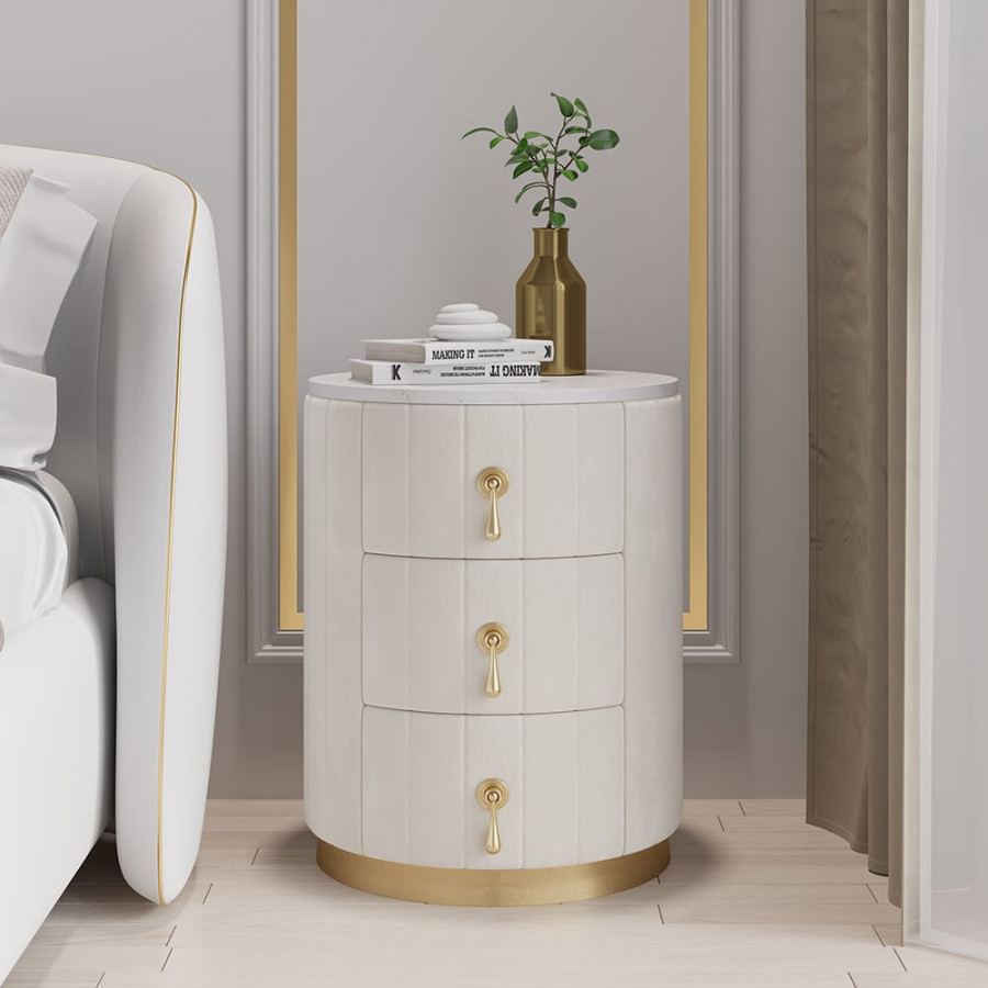 HMR 3-Drawer Round Nightstand - White, Velvet