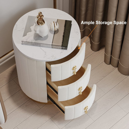 HMR 3-Drawer Round Nightstand - White, Velvet