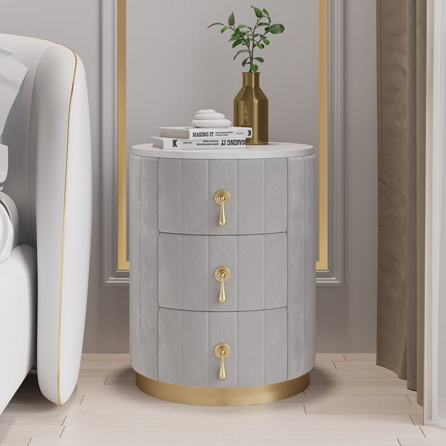 HMR 3-Drawer Round Nightstand - Gray, Velvet