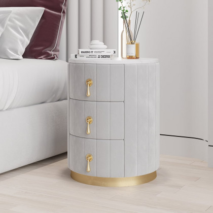 HMR 3-Drawer Round Nightstand - Gray, Velvet