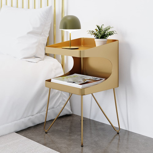 HMR Modern Open Nightstand with 2 Shelves - Gold