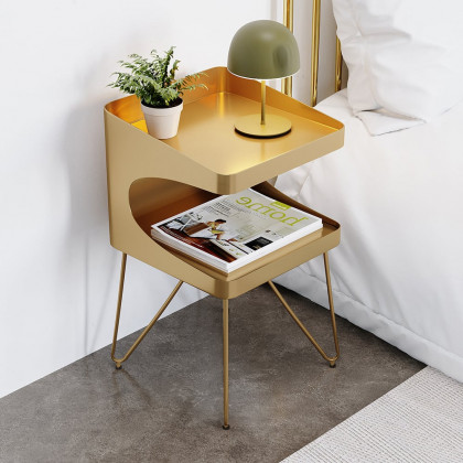 HMR Modern Open Nightstand with 2 Shelves - Gold