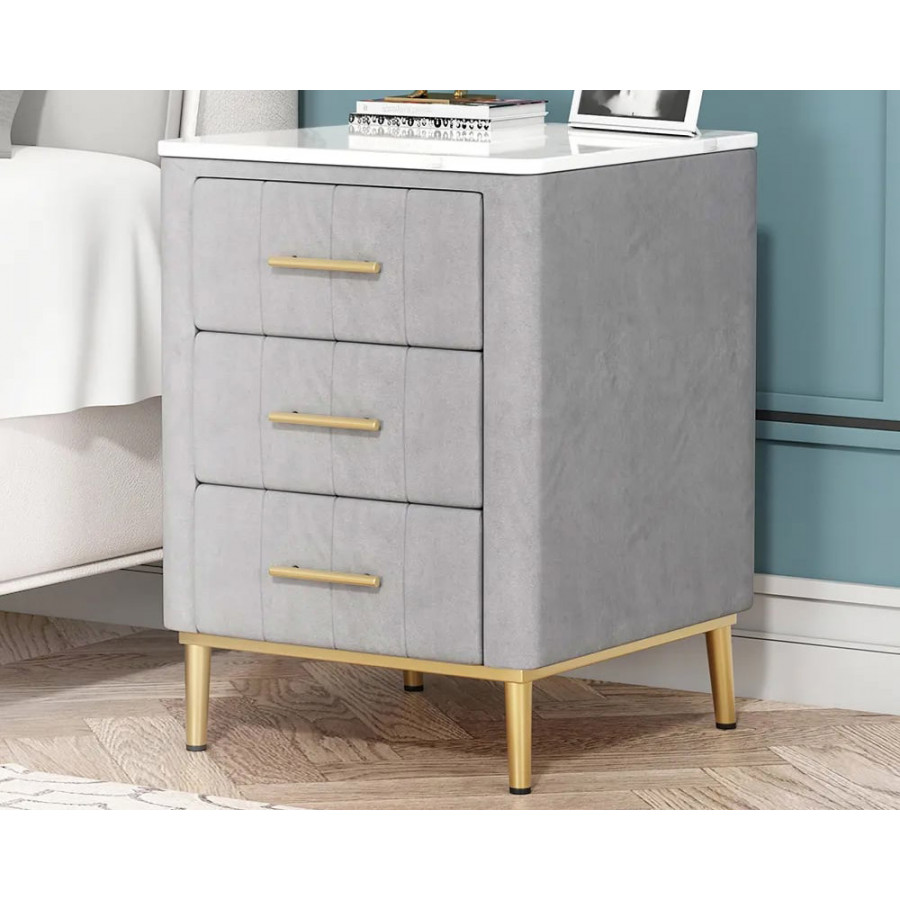 HMR - Velvet Bedside 3-Drawer Table with Sintered Stone Top in Gray