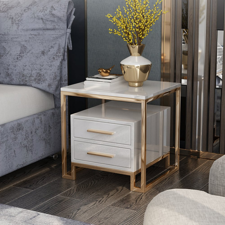 HMR - Side Table with Two-Drawer End Table Stainless Steel in Gold in White