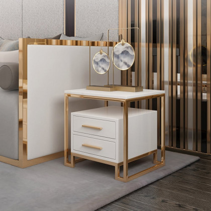 HMR - Side Table with Two-Drawer End Table Stainless Steel in Gold in White