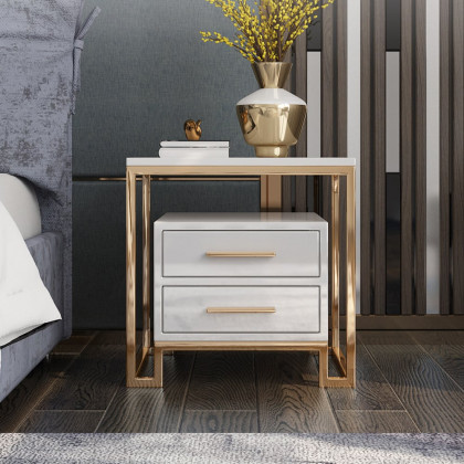 HMR - Side Table with Two-Drawer End Table Stainless Steel in Gold in White