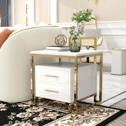HMR - Side Table with Two-Drawer End Table Stainless Steel in Gold in White