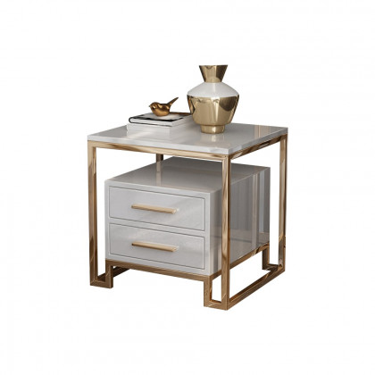 HMR - Side Table with Two-Drawer End Table Stainless Steel in Gold in White