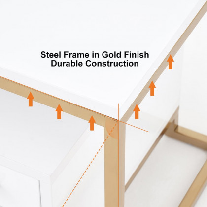 HMR - Side Table with Two-Drawer End Table Stainless Steel in Gold in White