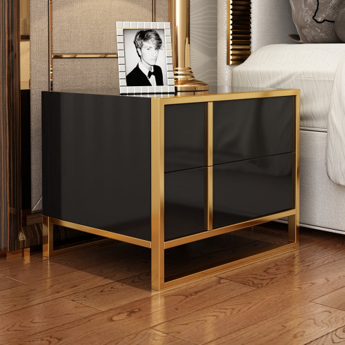 HMR Rimh Lacquer Nightstand with 2 Drawers - Black, Stainless Steel