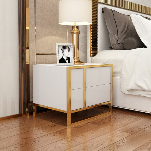 HMR Rimh Lacquer Nightstand with 2 Drawers - White, Stainless Steel