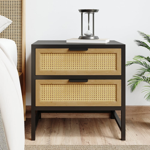 HMR - Industrial Wood 2-Drawer Rattan Nightstand in Black