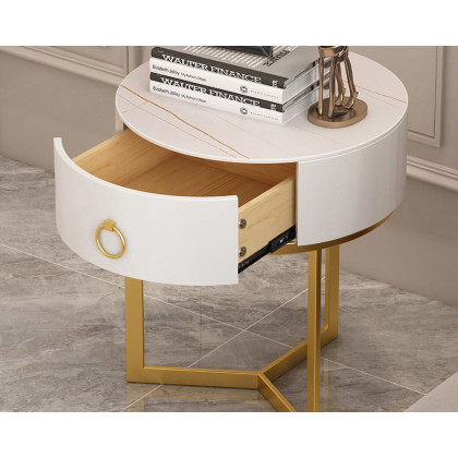 HMR - Round Single Drawer Nightstand with Frame in White and Gold