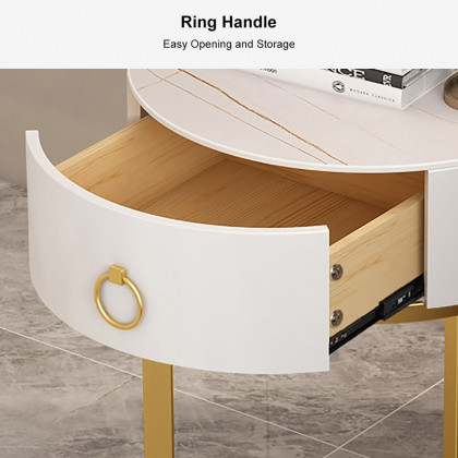 HMR - Round Single Drawer Nightstand with Frame in White and Gold