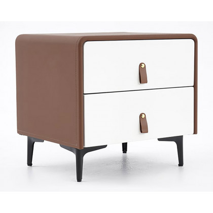 HMR - Modern Nightstand with Two-Tier Drawers and End Side Accent in White and Brown