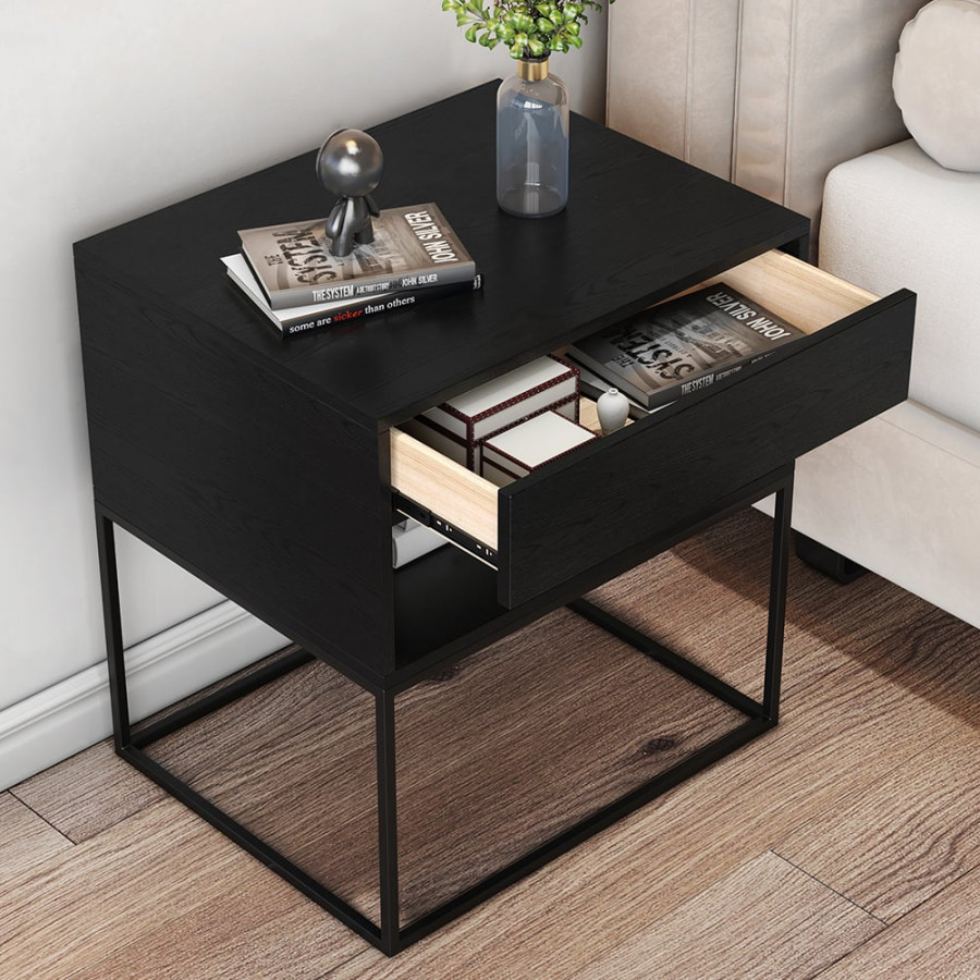 HMR - Modern Nightstand with Drawer Bedside Table Metal Base