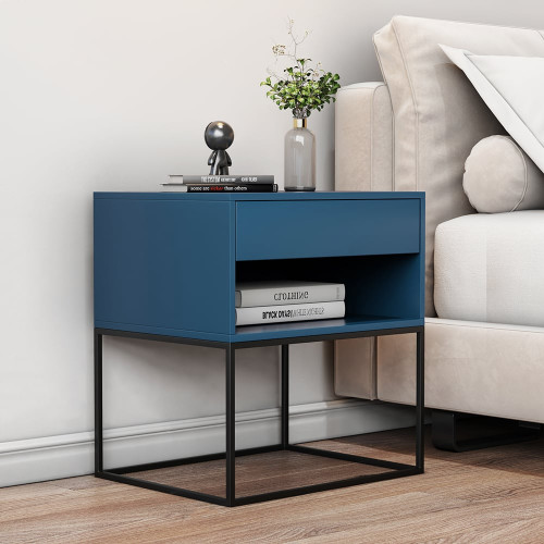 HMR Modern Nightstand with Drawer Bedside Table Metal Base - Blue