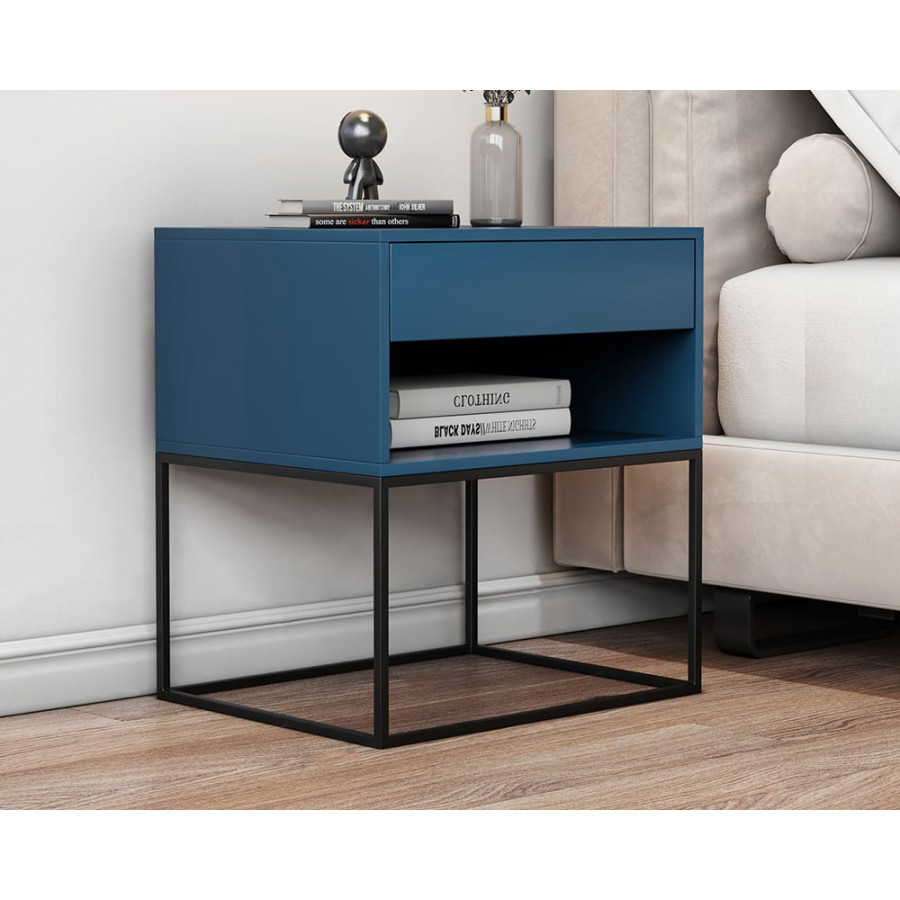 HMR Modern Nightstand with Drawer Bedside Table Metal Base - Blue
