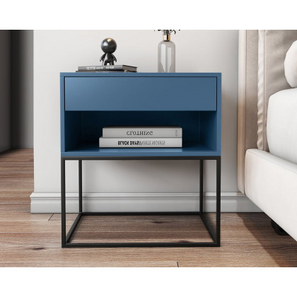 HMR Modern Nightstand with Drawer Bedside Table Metal Base - Blue