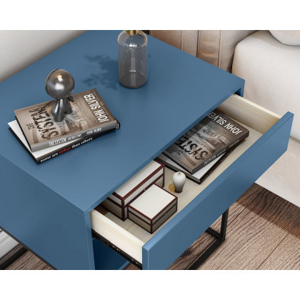 HMR Modern Nightstand with Drawer Bedside Table Metal Base - Blue