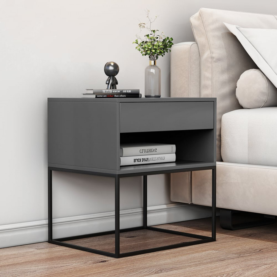 HMR Modern Nightstand with Drawer Bedside Table Metal Base - Gray